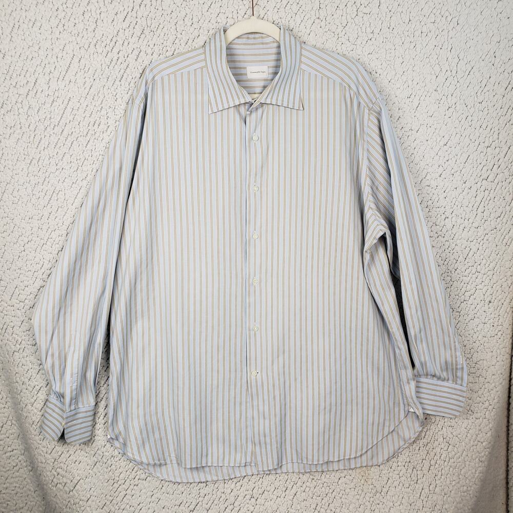 Ermenegildo Zegna Striped Dress Shirt Mens 18 48 Blue Beige Button Down 52x32